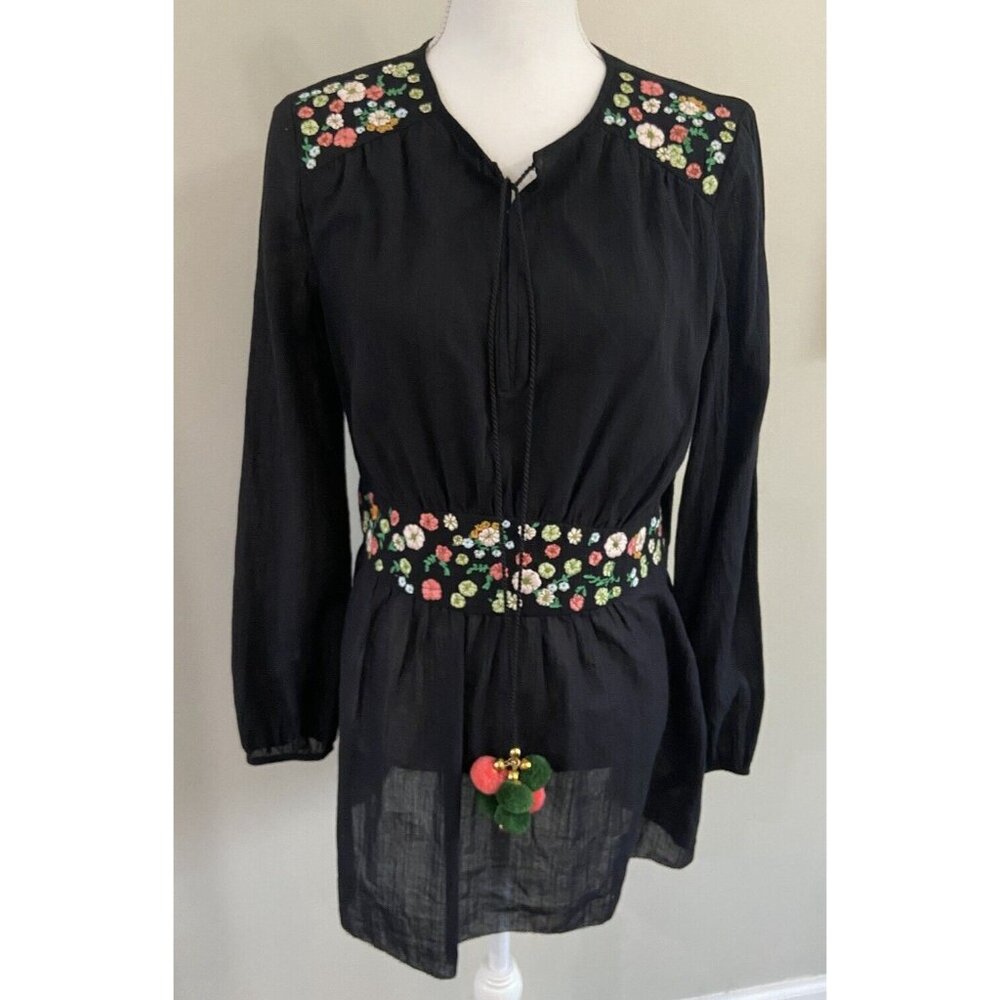 Tory Burch Fleur Tunic Shirt Black Embroidery Tassel Size 8
